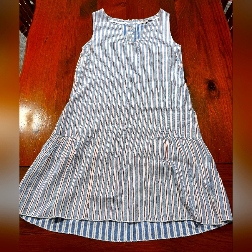 La Fèe Maraboutèe Womens Red White Blue Striped Tiered Button Sleeveless Dress‎